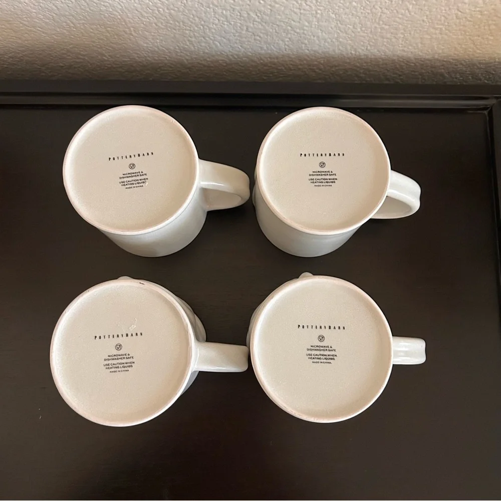 4 Pottery Barn Owl Shaped Stoneware Coffee Mugs Matte white wide eyes whimsical